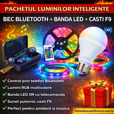 Pachetul luminilor inteligente - Bec Bluetooth LED cu Boxa Incorporata + Banda LED RGB 5 Metri cu Telecomanda + Casti Wireless F9, Bluetooth 5.0, Touch Control