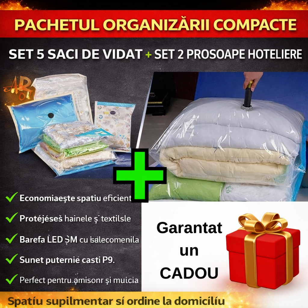 Compact Organization Package - Set of 5 Vacuum Storage Bags + Set of 2 x 100% Cotton Bath Towels