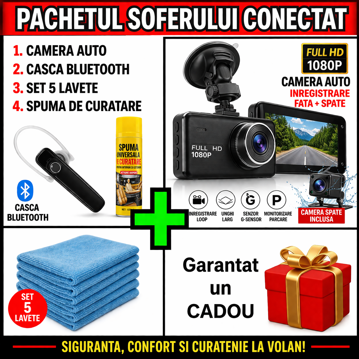 Connected Driver Package - 1080p HD DVR Car Camera with 2.4-inch Display + Universal Bluetooth Headset + Set of 5 Absorbent Microfiber Cloths + Universal Cleaning Foam