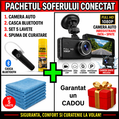 Pachetul soferului conectat - Camera Auto Video DVR HD 1080p Display 2.4 Inch + Casca Bluetooth Universala + Set 5 Lavete din Microfibra Absorbante + Spuma de Curatare Universala