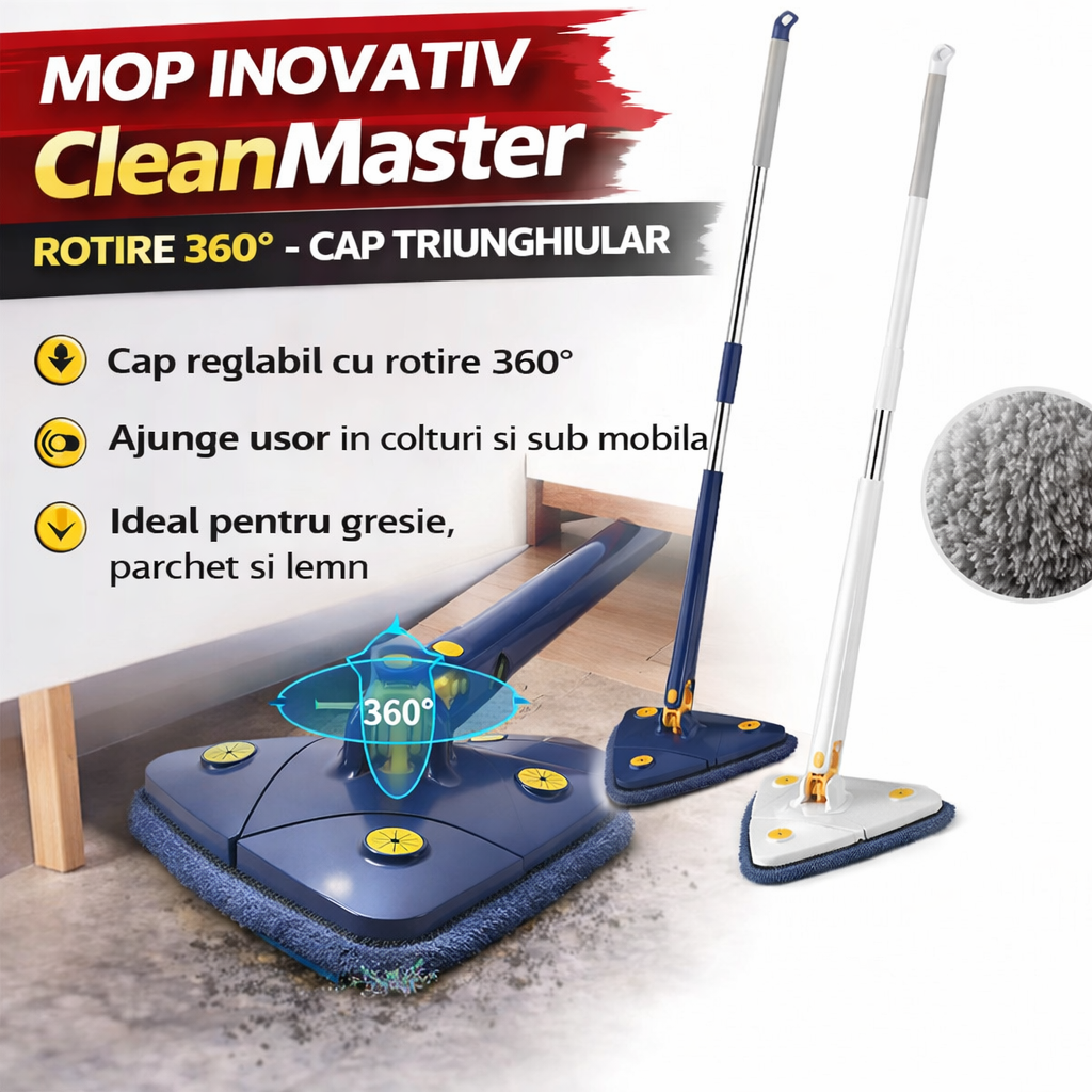 CleanMaster innovative handheld mop, adjustable, 360-degree rotation, triangular, blue