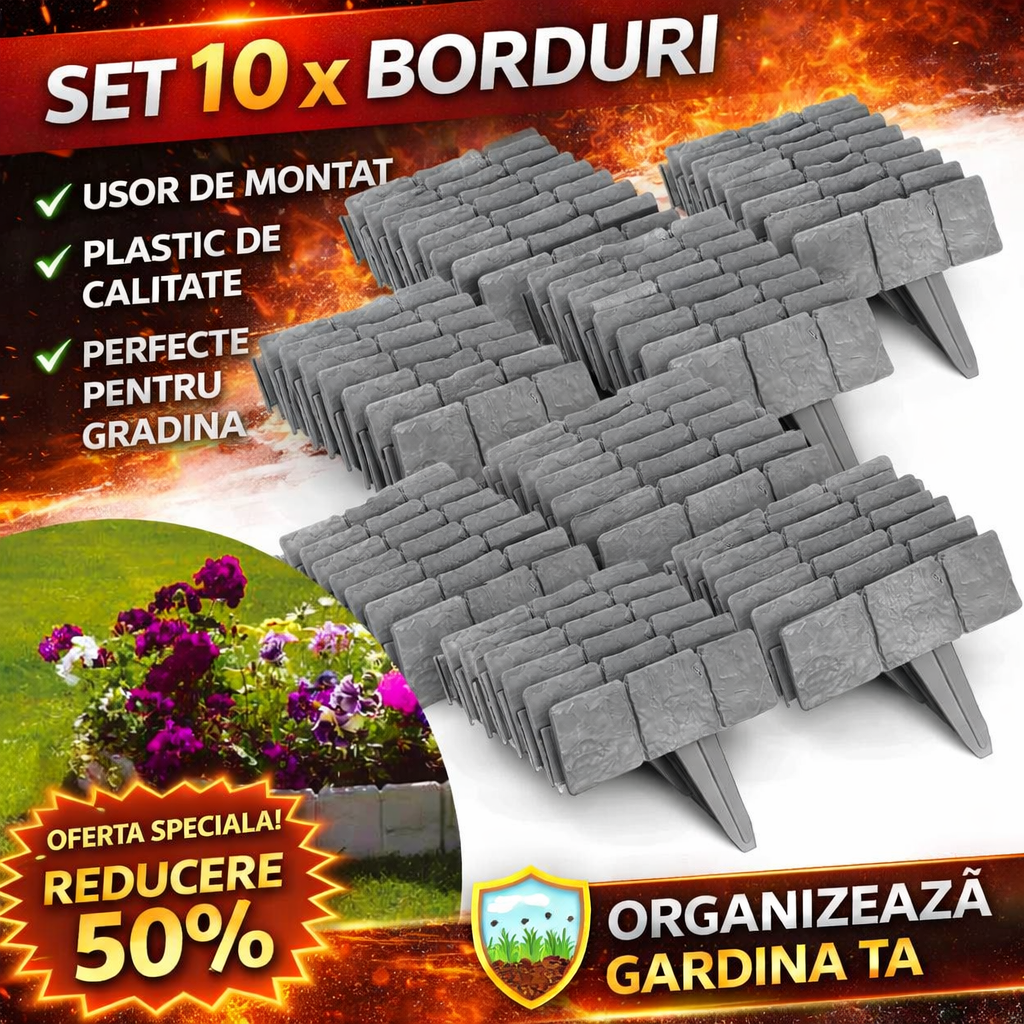 Set 10 x Bordura din Plastic cu Aspect de Piatra, Pentru Gradina
