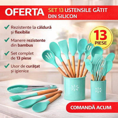 Set of 13 Silicone Cooking Utensils, Durable Bamboo Handle