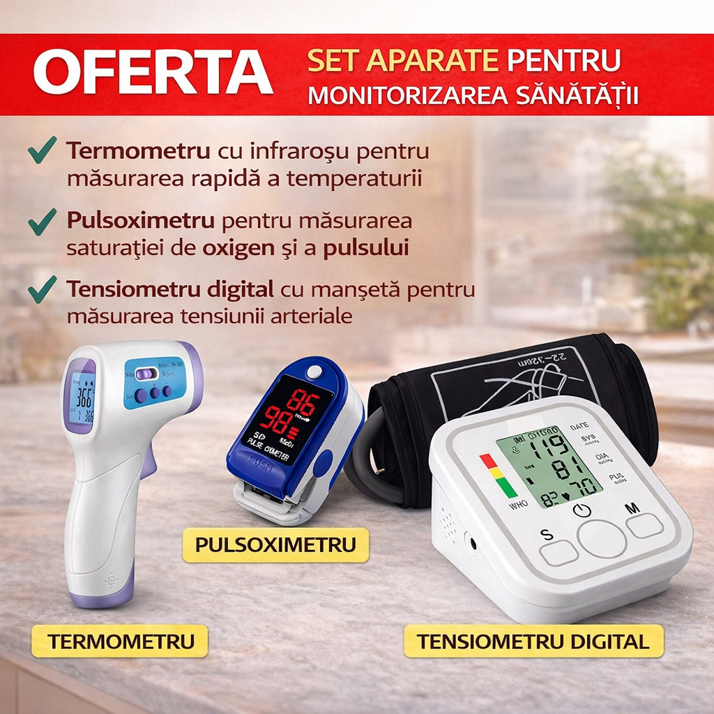 Tensiometru electronic de brat + Termometru noncontact + Pulsoximetru