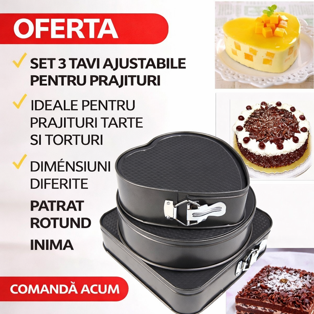 Set of 3 Cake Pans - Round, Square, and Heart-Shaped