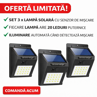 Lichidare de Stoc!Set 3 x lampa cu 20 LED - incarcare solara si senzor de miscare