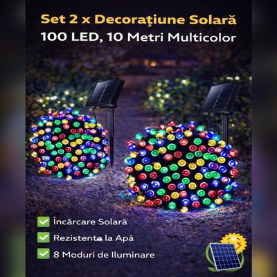Set of 2 x 100 LED Solar String Lights, 10 Meters - Multicolor